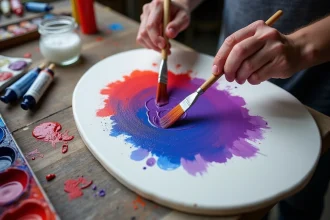 Mains de peintre mélangeant de la peinture acrylique rouge et bleue sur une palette blanche pour obtenir un violet vif