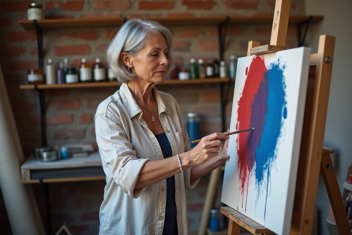 Professeure d'art mélangeant de la peinture à l'huile rouge et bleue sur une toile pour montrer l'obtention du violet en peinture à l'huile