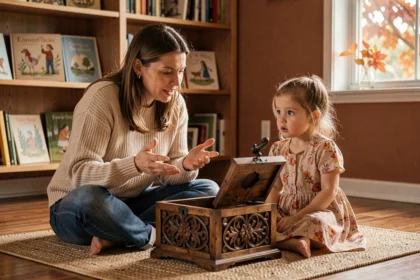 Une mère raconte le mythe de la boîte de Pandore à sa petite fille curieuse dans un salon chaleureux