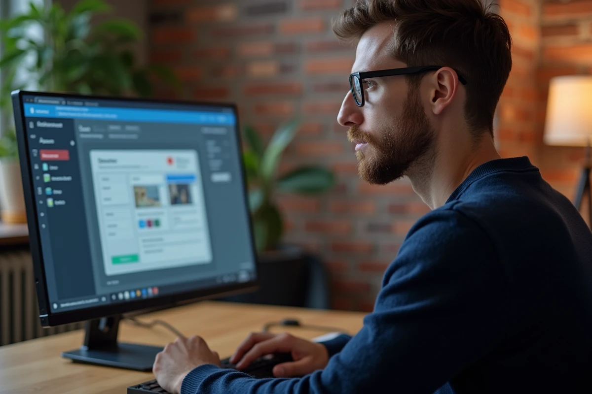 Homme analysant une interface de plateforme d'hébergement vidéo alternative sur son ordinateur dans un bureau moderne