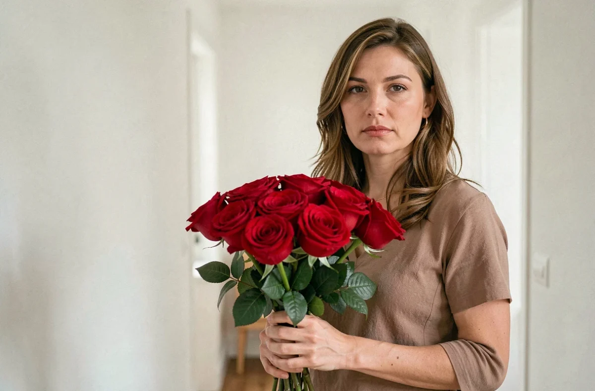 Femme tenant un bouquet de roses à distance avec une expression neutre, refusant le love bombing