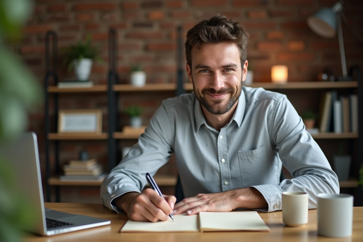 Un professionnel rédigeant une note de remerciement manuscrite à son bureau, symbolisant la gratitude sincère en milieu de travail