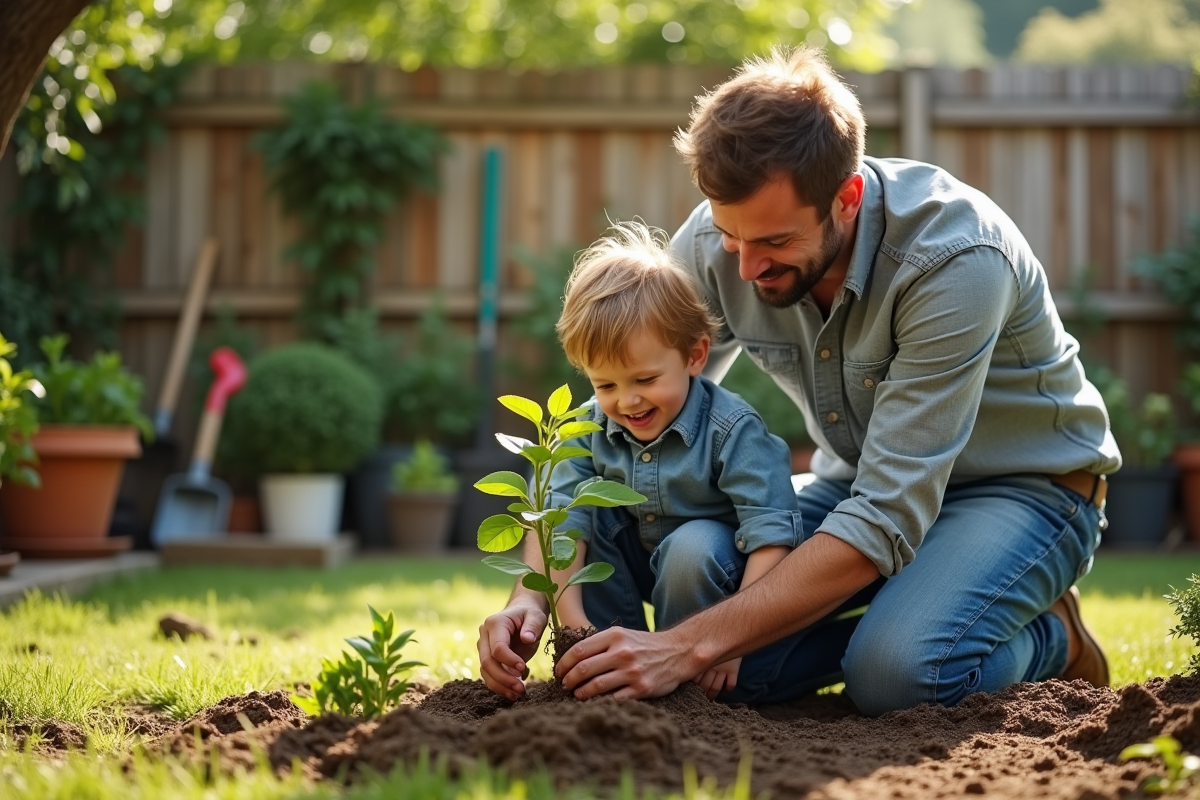 Père et enfant plantant un arbre dans le jardin