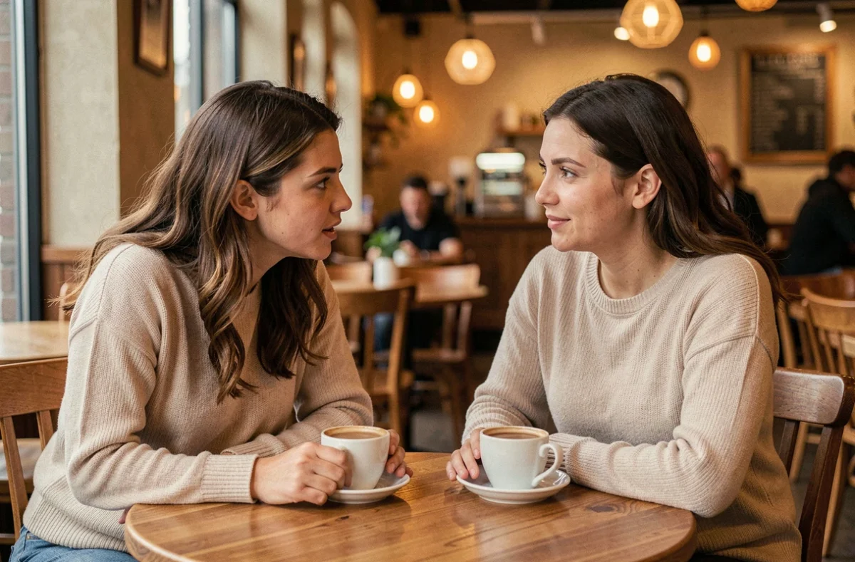 Deux femmes en conversation sincère dans un café, l'une partageant sa situation à une tierce de confiance