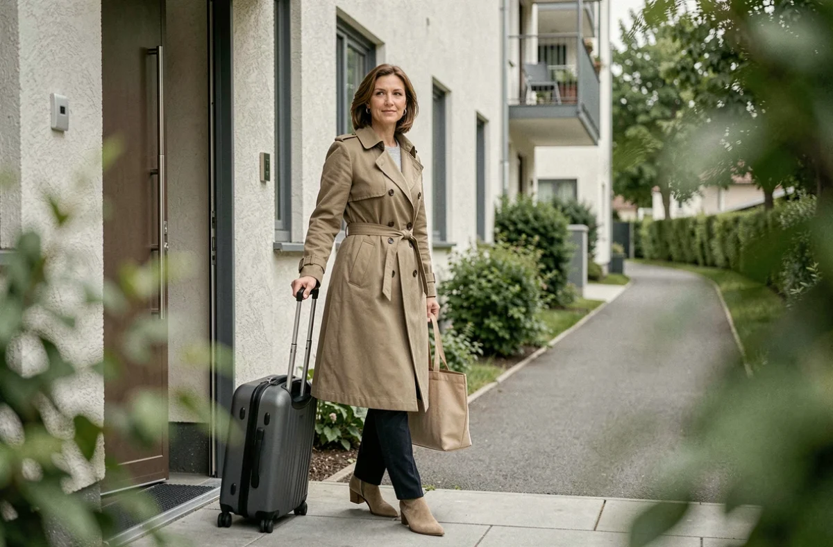 Femme quittant un lieu avec sa valise et un regard déterminé vers l'avant, acceptant de partir sans explication finale