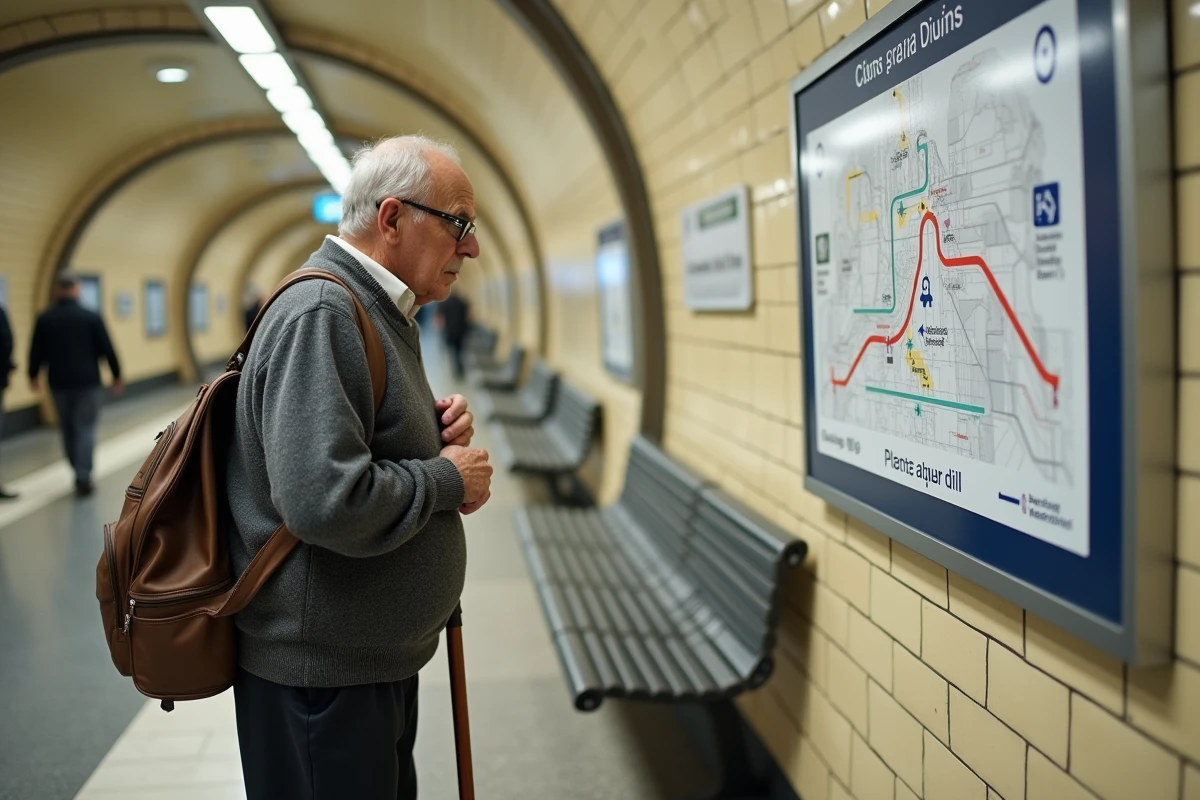 Personne âgée avec canne consultant un plan d'accessibilité PMR affiché dans une station de métro parisienne ligne 9