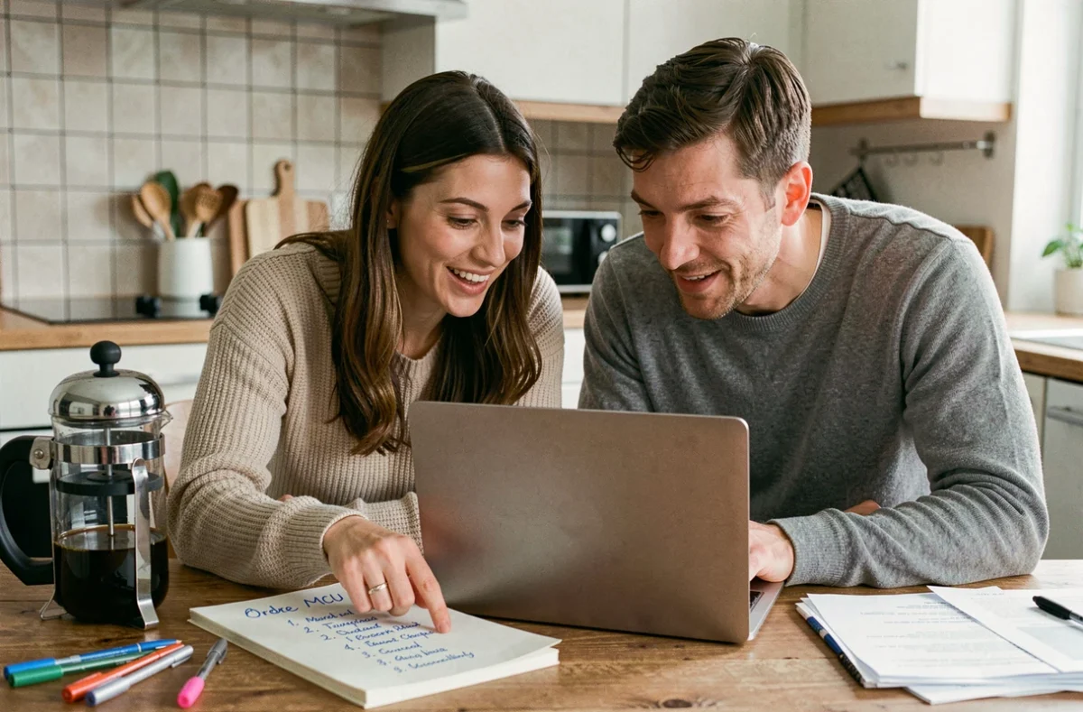 Couple planifiant l'ordre de visionnage des films Marvel MCU autour d'un ordinateur portable avec une liste manuscrite sur un bloc-notes dans une cuisine moderne