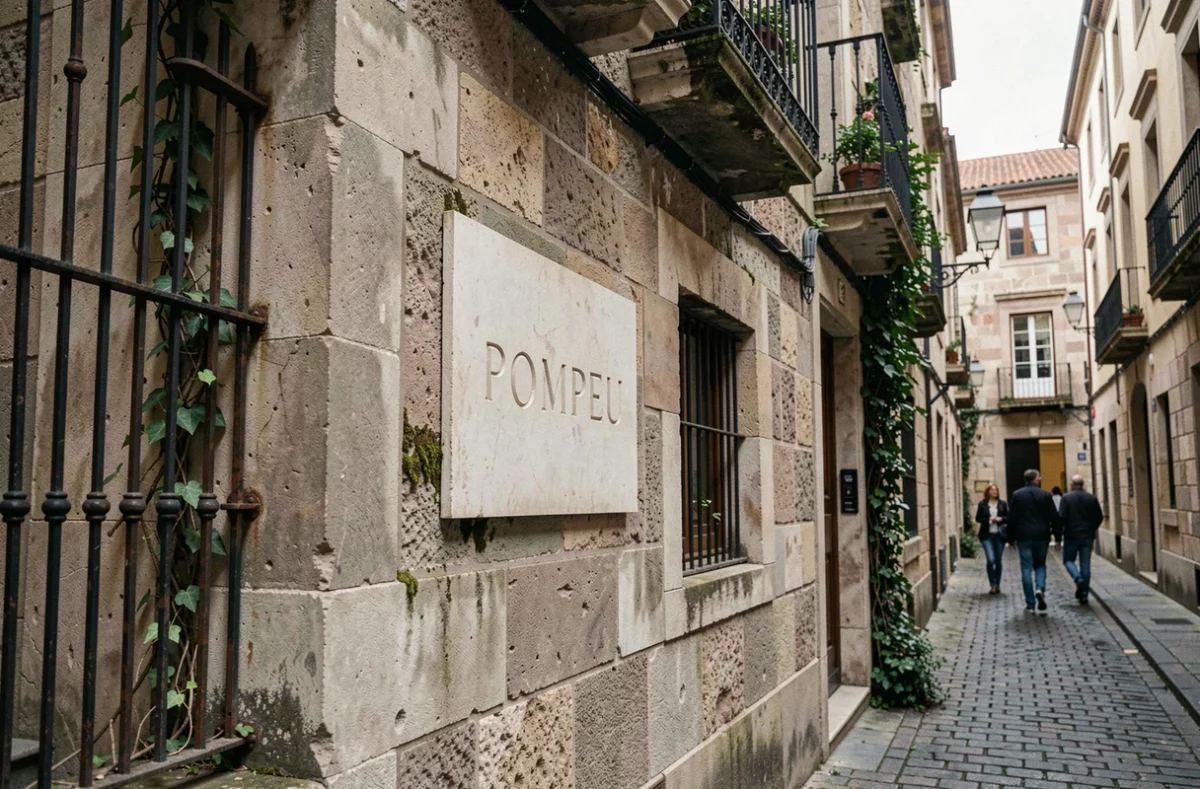 Plaque gravée du nom Pompeu sur une façade historique du Quartier Gothique de Barcelone en Catalogne