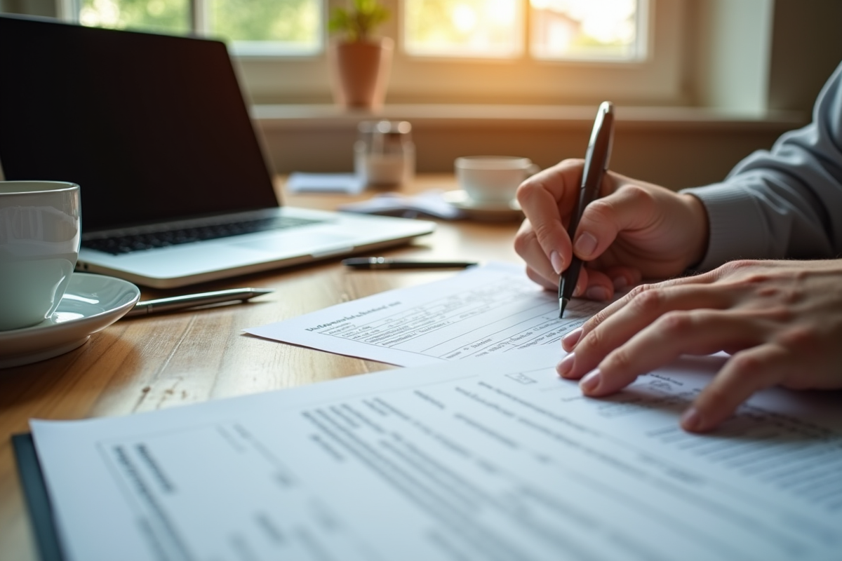 Main remplissant des documents officiels avec tasse et outils