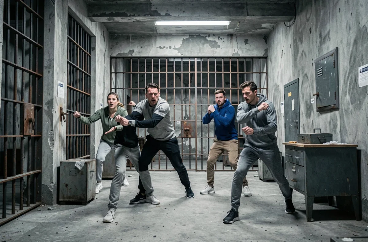 Participants engagés dans un défi physique au sein du décor carcéral réaliste de Prison Island à Lille