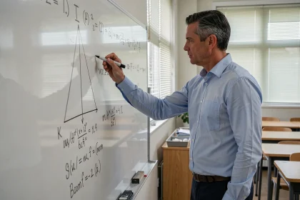 Professeur de géométrie expliquant le calcul de la hauteur d'une pyramide à base carrée au tableau blanc