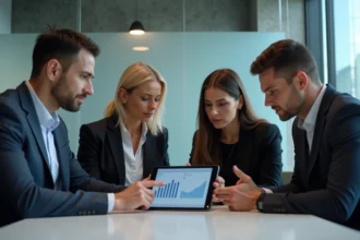 Groupe de professionnels en réunion d'affaires autour d'une tablette