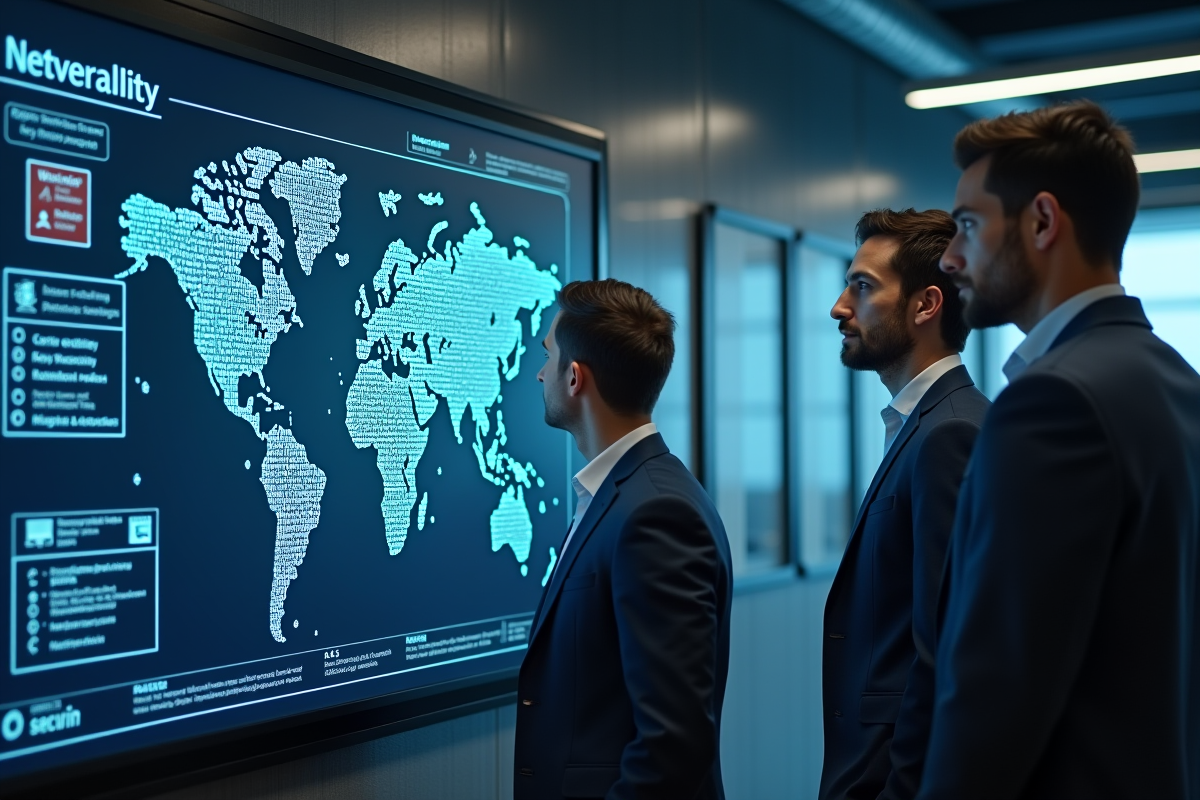 Trois professionnels IT analysant une carte de vulnérabilite réseau