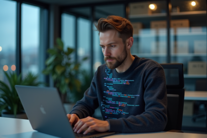 Programmeur homme assis à son bureau avec interface AI derrière lui