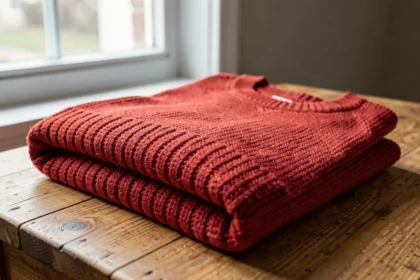 Pull tricoté rouge en fibre acrylique plié sur une table en bois