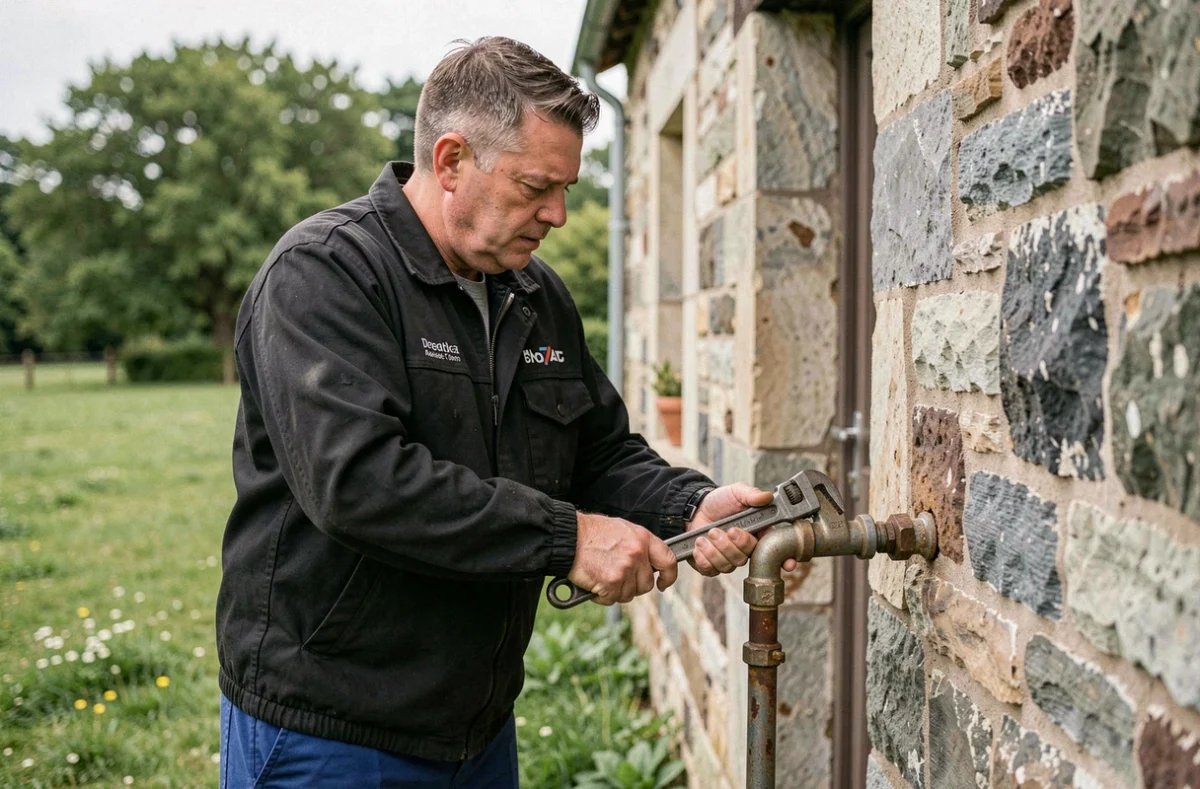 Plombier Ravaux Steve serrant un raccord sur une arrivée d'eau extérieure d'une ferme ardennaise en pierre
