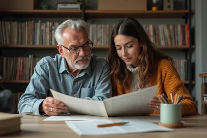 Homme et femme cherchant dans un répertoire musical