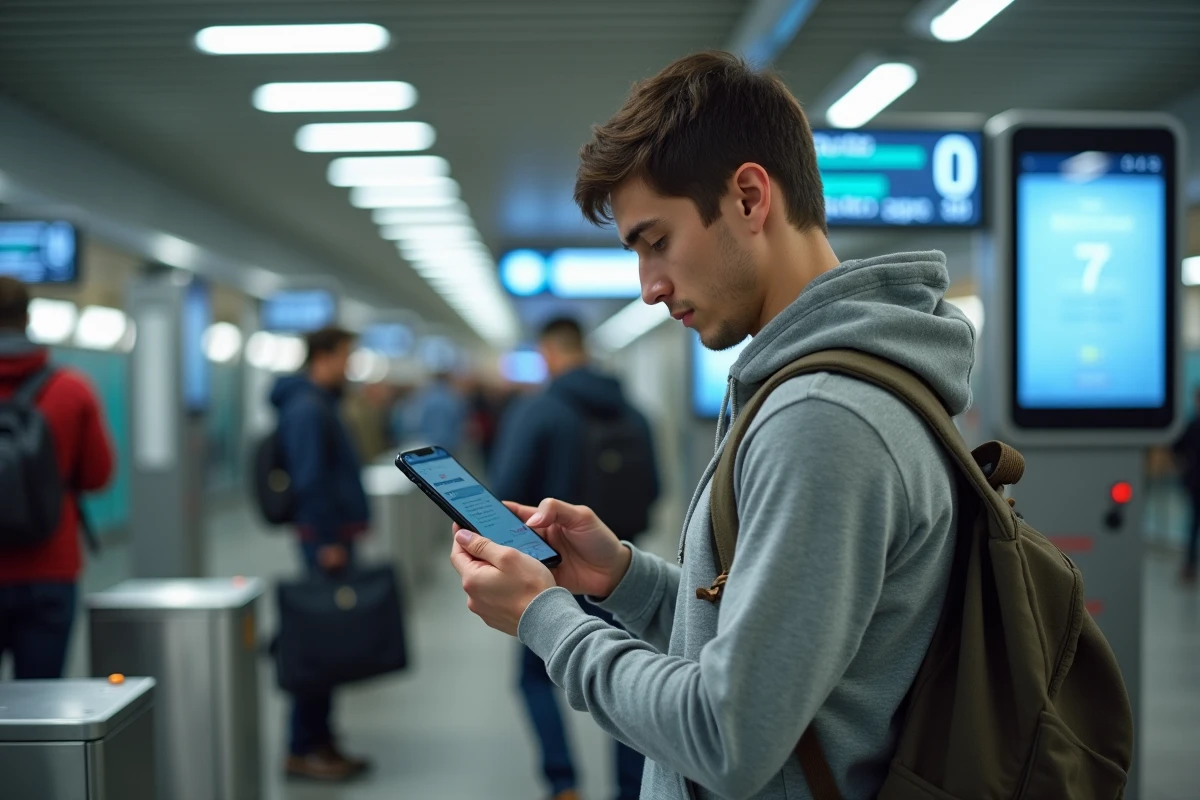 Jeune voyageur réglant les notifications de l'application RATP sur son téléphone dans une gare RER