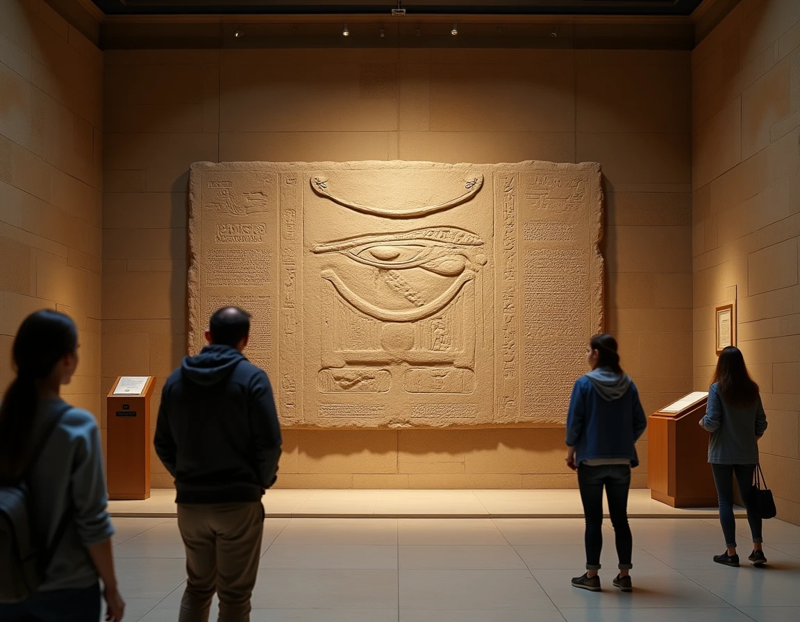 Relief en pierre d'un œil de Rà entouré d'hiéroglyphes exposé dans une salle de musée égyptologique