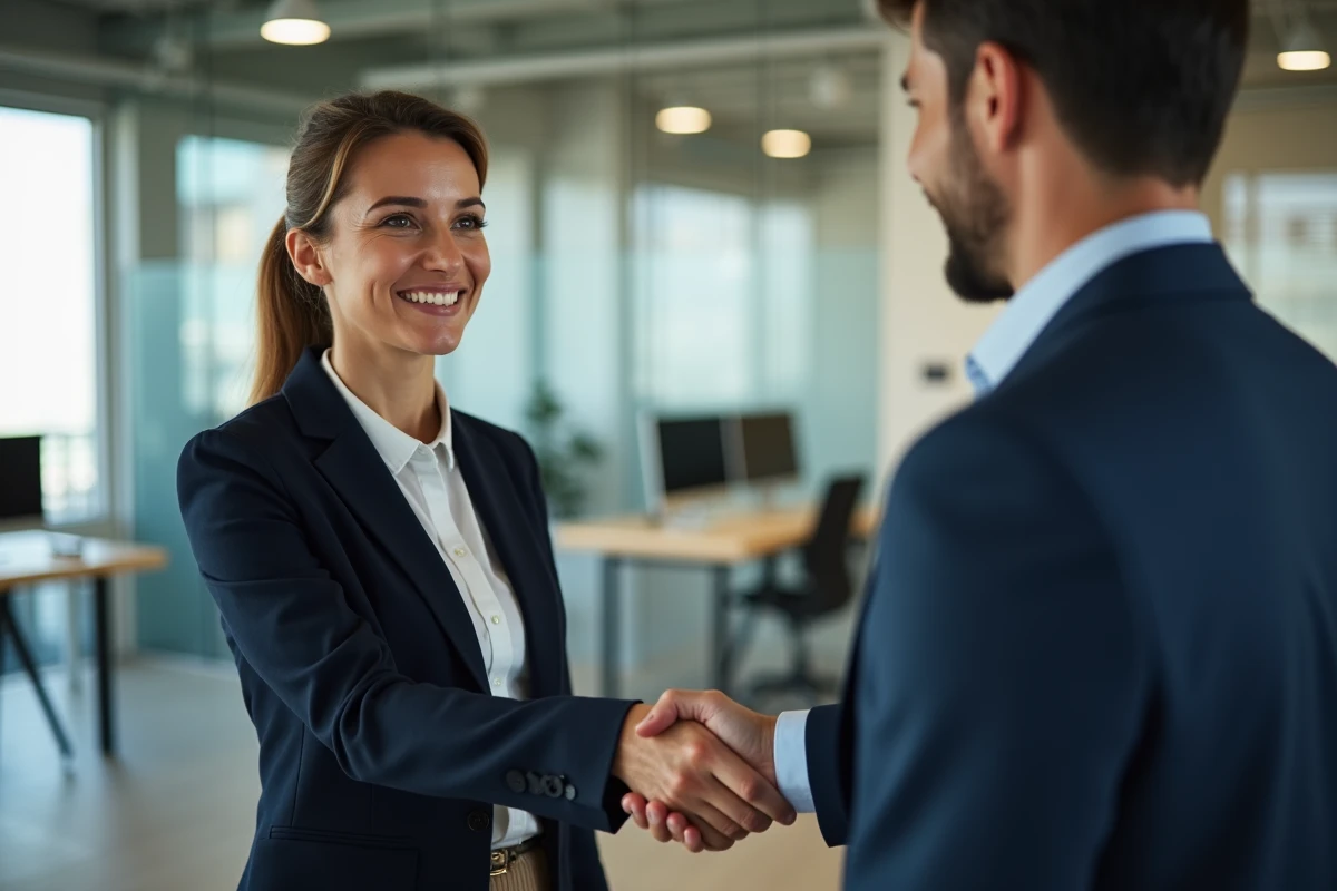 Deux collègues professionnels échangeant une poignée de main chaleureuse pour exprimer leur gratitude dans un bureau moderne