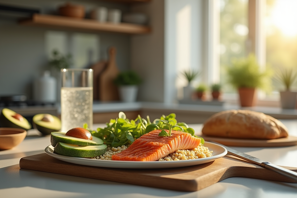 Repas sain avec saumon quinoa et avocat en cuisine moderne