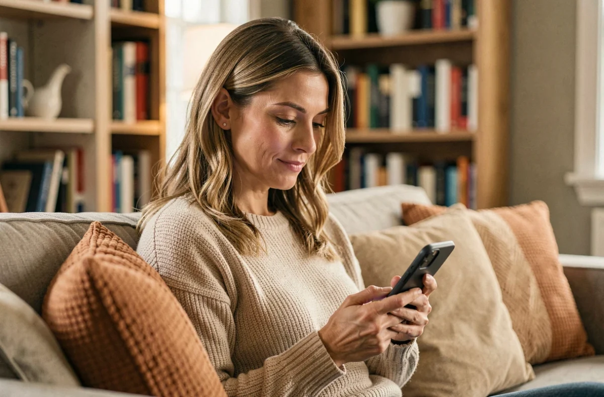 Femme regardant son téléphone sans répondre immédiatement, choisissant de répondre avec un délai volontaire