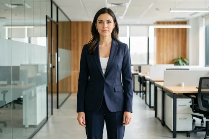 Femme confiante en blazer marine debout dans un bureau moderne, symbolisant la reprise de pouvoir face à un manipulateur