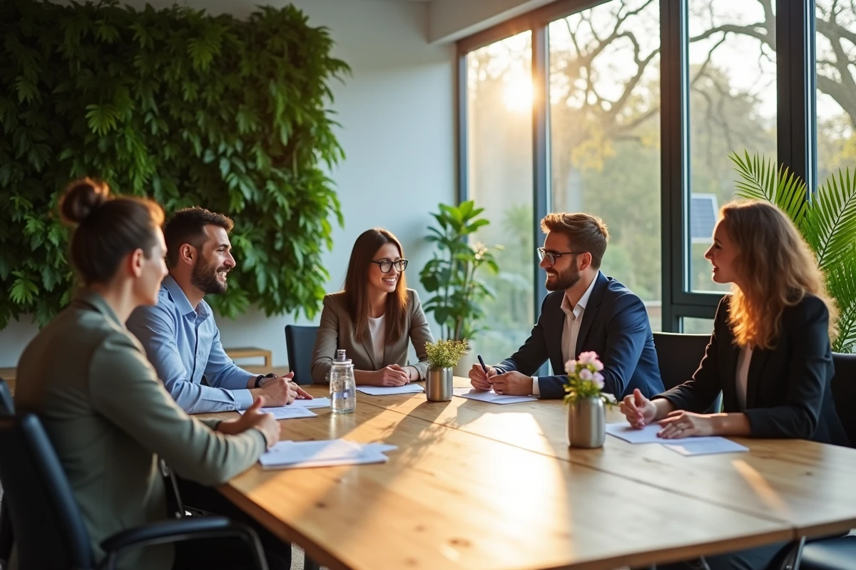 Groupe de collègues discutant dans un bureau écologique