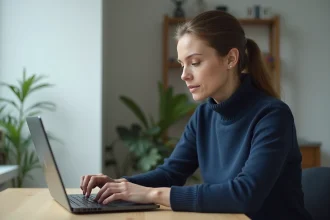 Femme concentrée tapant un texte sécurisé sur son ordinateur portable dans un bureau minimaliste à domicile