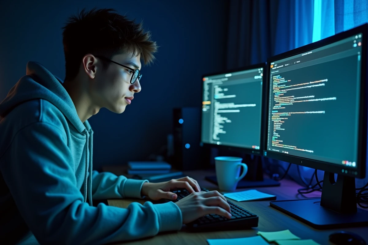 Jeune développeur sécurisant ses textes en ligne sur un double écran dans un espace de travail nocturne