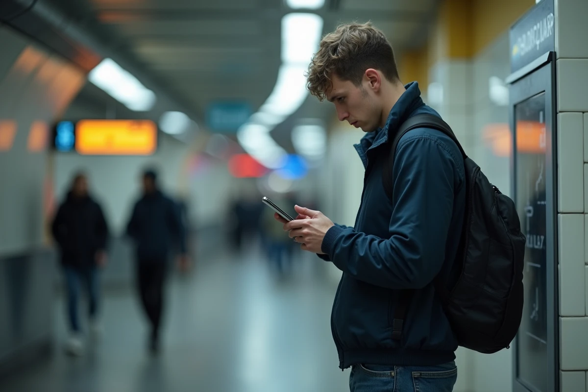 Homme consultant son téléphone devant une entrée de métro, illustrant les risques d'identification sur Snapchat en espace public