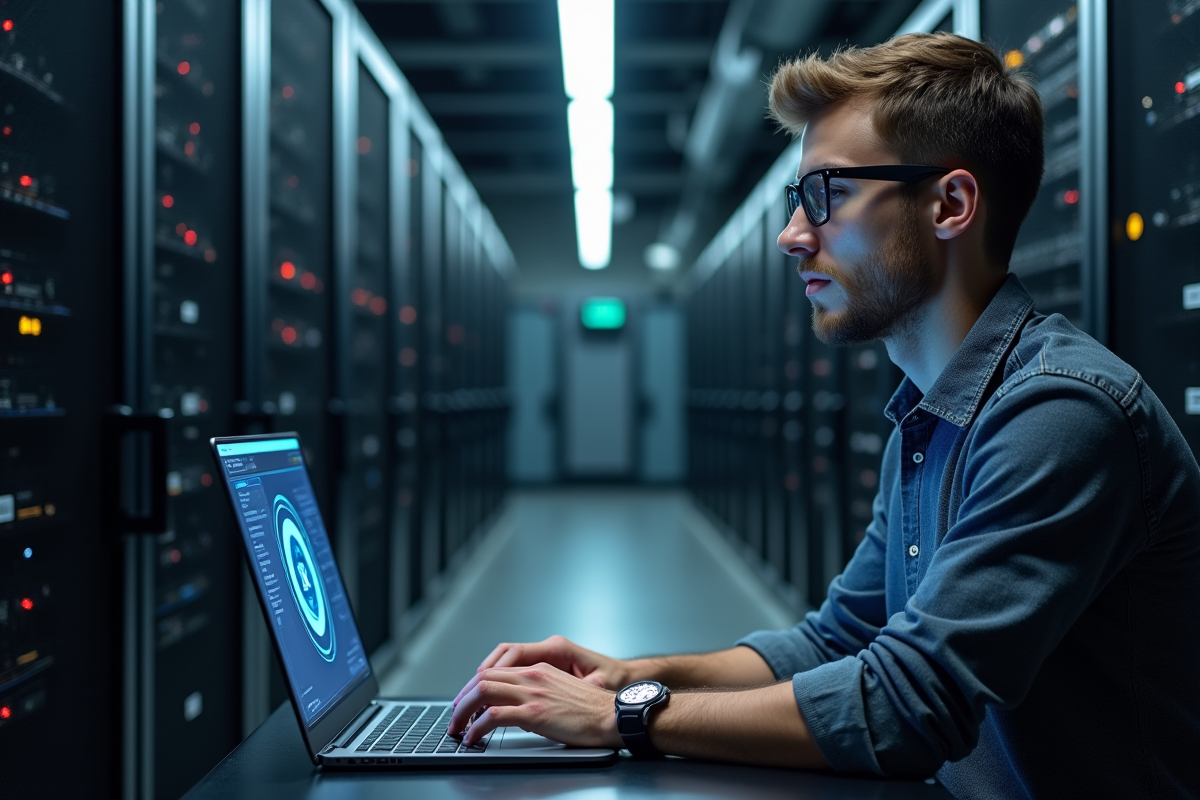 Jeune homme spécialiste en informatique surveillant un serveur