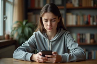 Jeune femme utilisant Snapchat anonymement sur son téléphone avec une expression inquiète, risquant de révéler son identité malgré elle