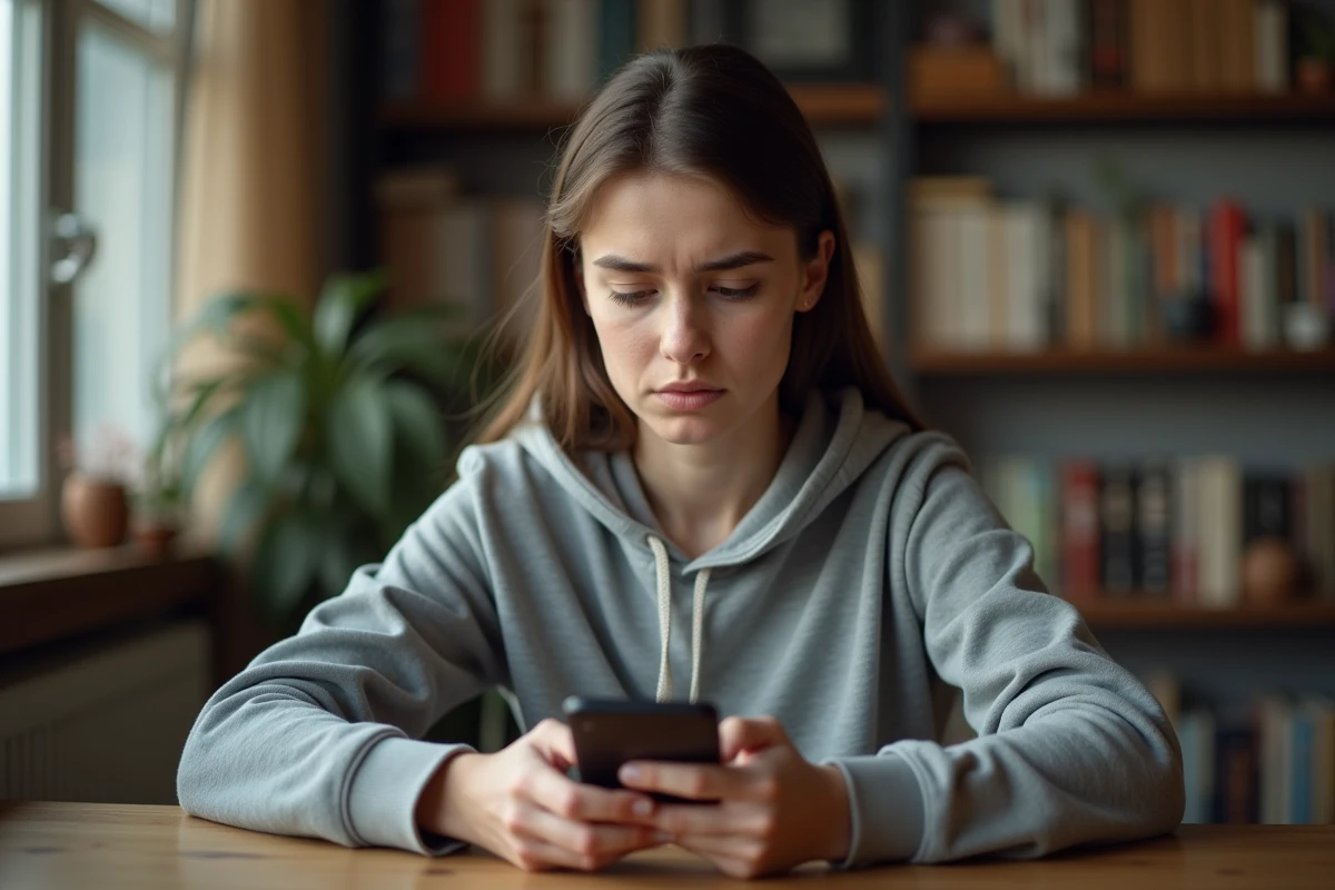 Jeune femme utilisant Snapchat anonymement sur son téléphone avec une expression inquiète, risquant de révéler son identité malgré elle