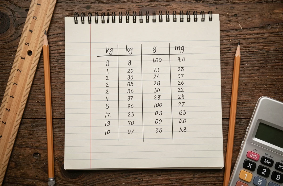 Tableau de conversion manuscrit en colonnes pour les unités de masse kilogrammes grammes et milligrammes posé sur un bureau en bois
