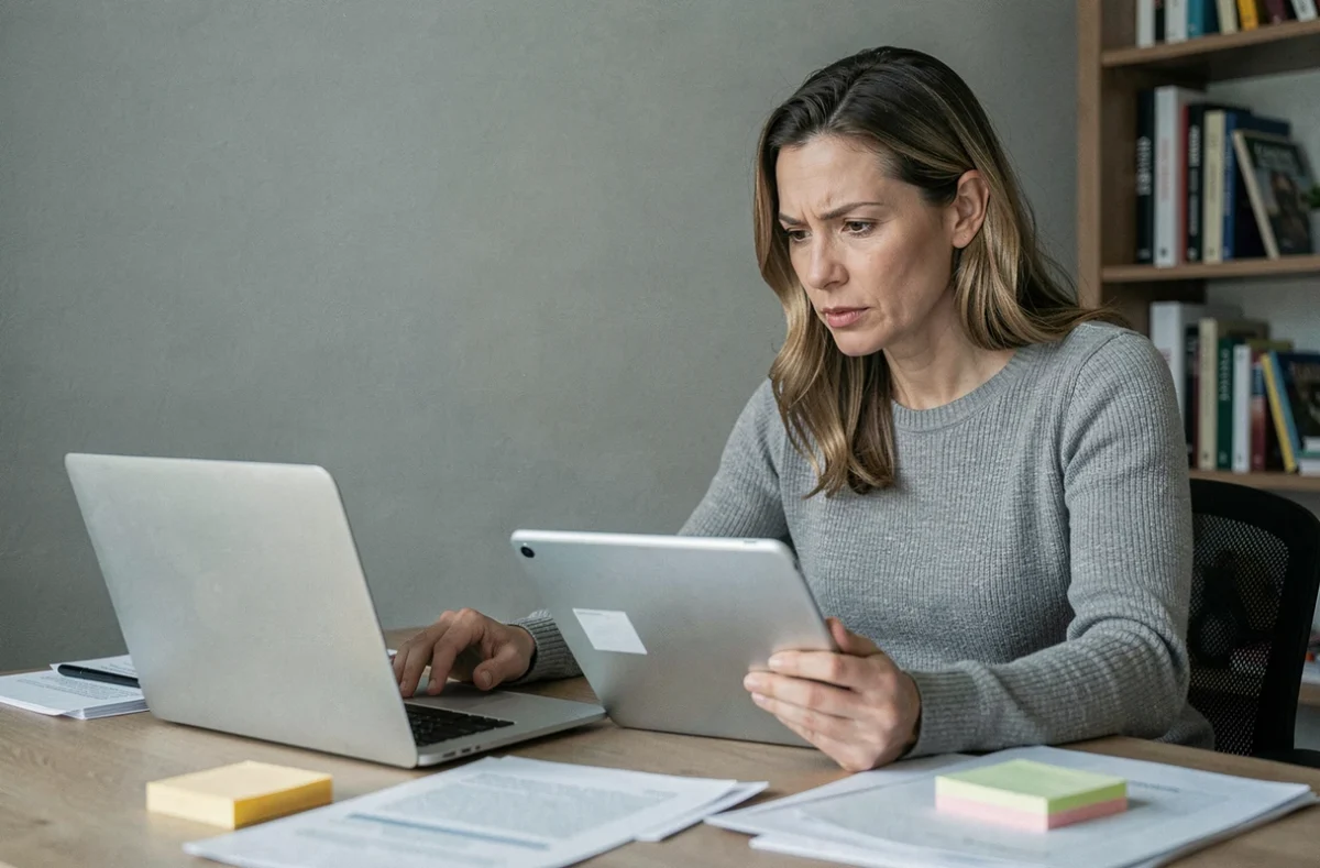 Femme comparant des informations sur deux appareils pour vérifier les affirmations d'un manipulateur auprès de sources tierces