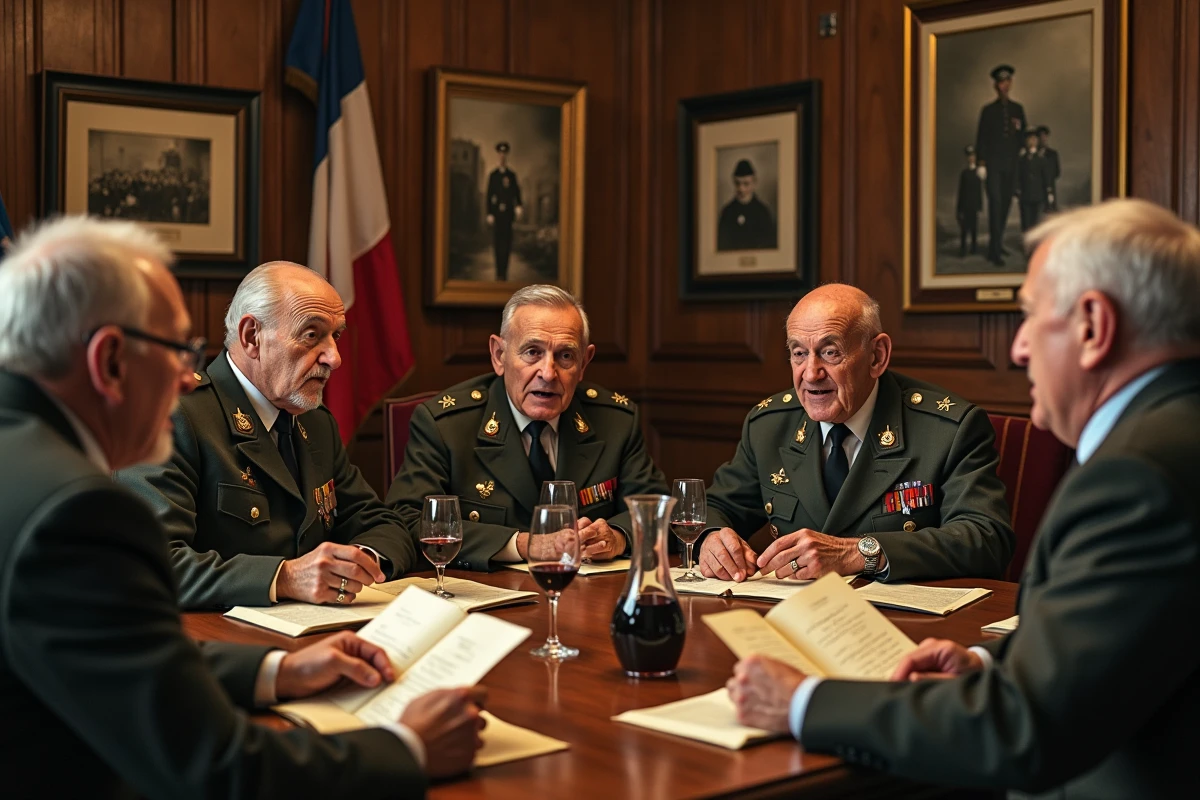 Vétérans militaires français chantant des chants de régiment avec des livres de chansons dans une salle de mess décorée de drapeaux et photos historiques