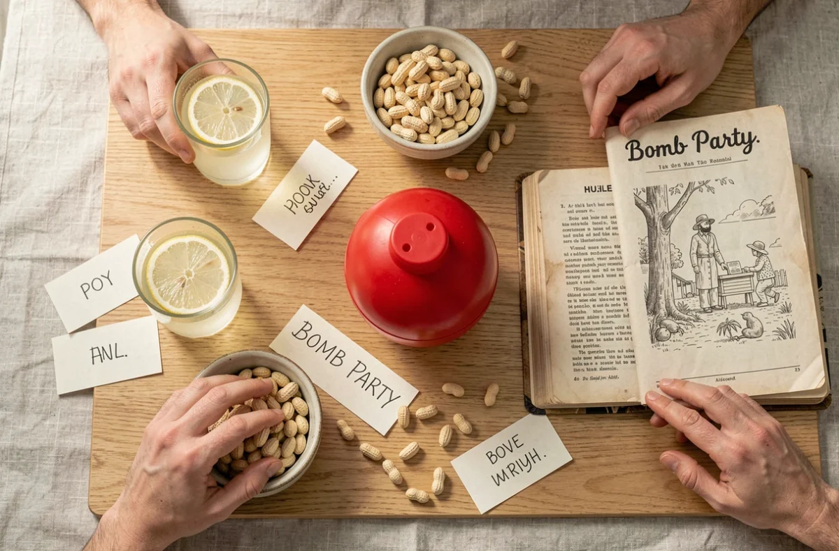 Vue de dessus du plateau de jeu Bomb Party avec minuterie rouge, cartes de mots et accessoires sur une table en bois