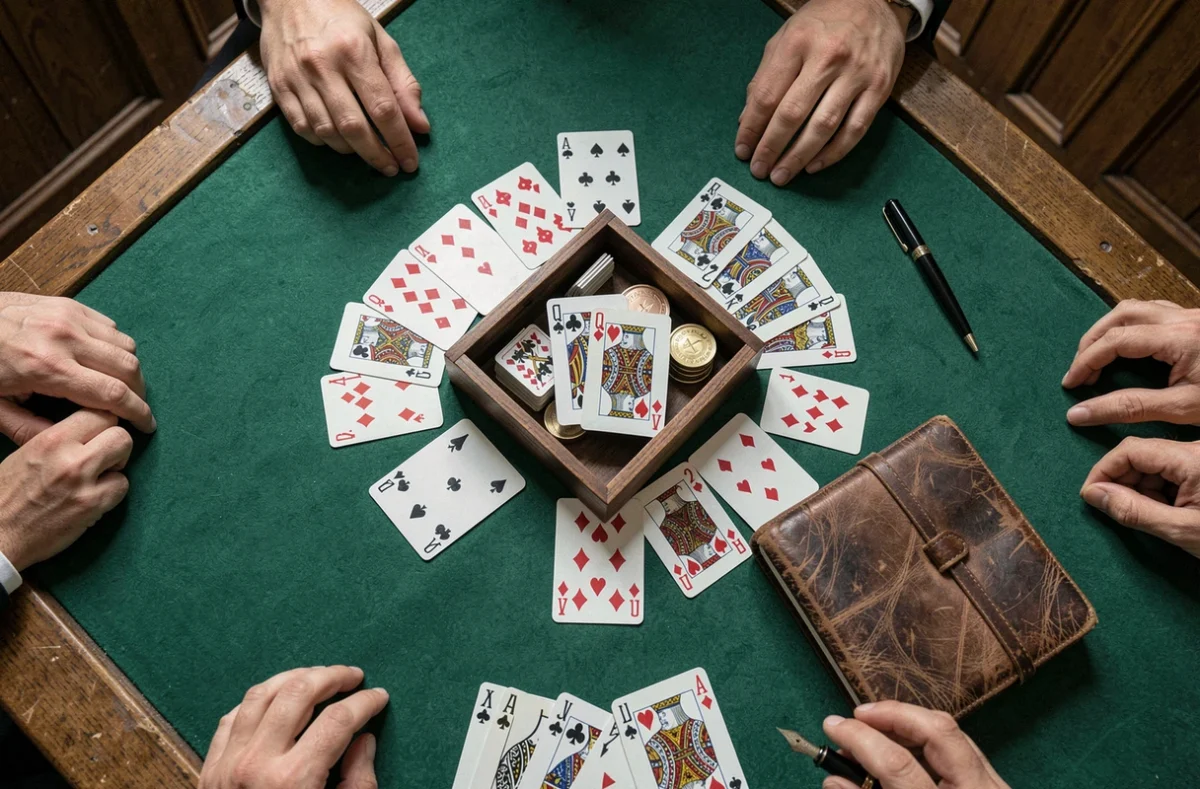 Vue aérienne d'une partie de bridge en cours sur un tapis vert avec carnets de score et boîte d'enchères